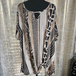 Cato Beige, Black & White Animal Print Tie-Hem Tunic